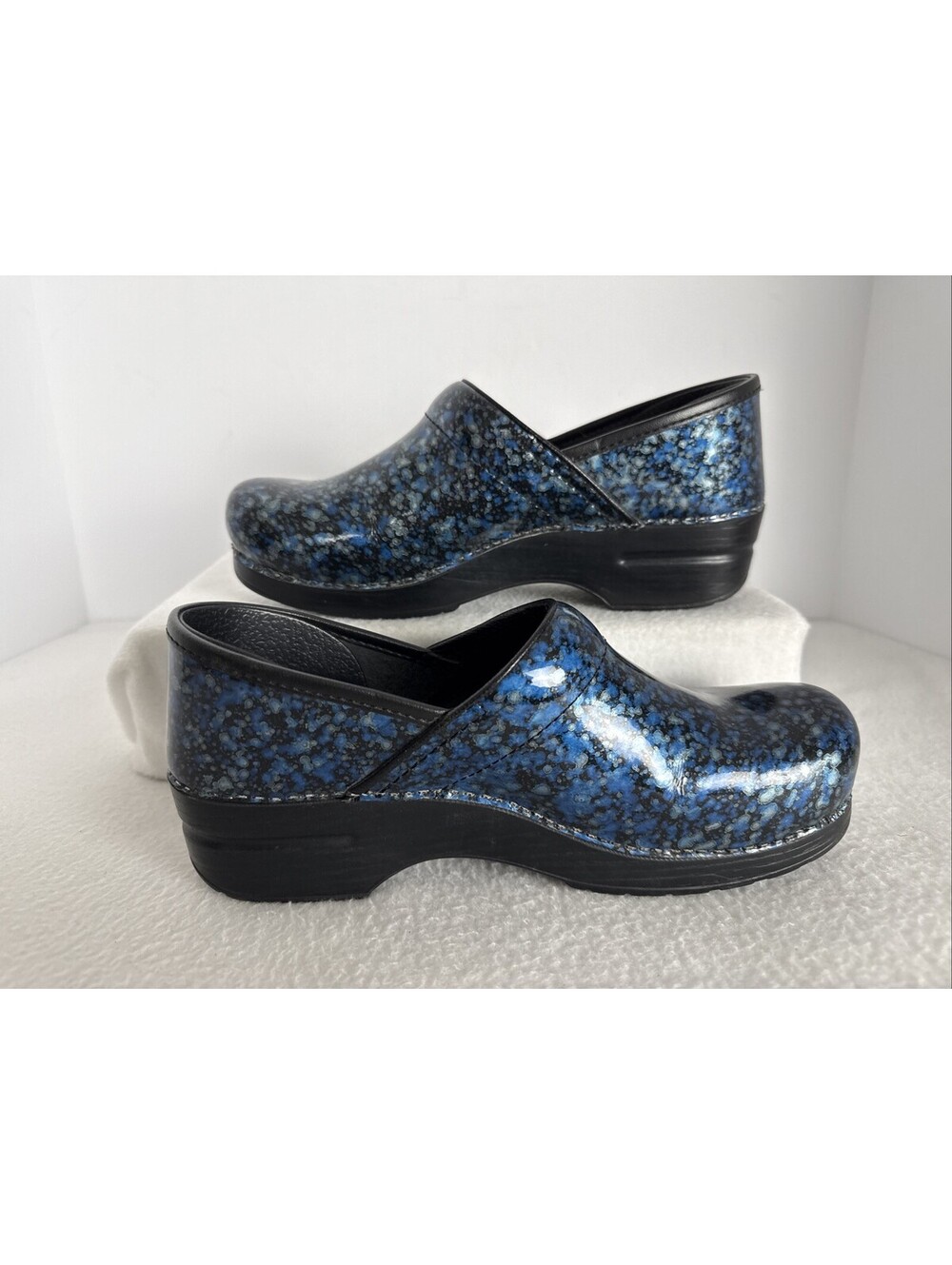Dansko Women's Blue Black Paint Splatter Print Slip On Clog Nursing Shoes 40